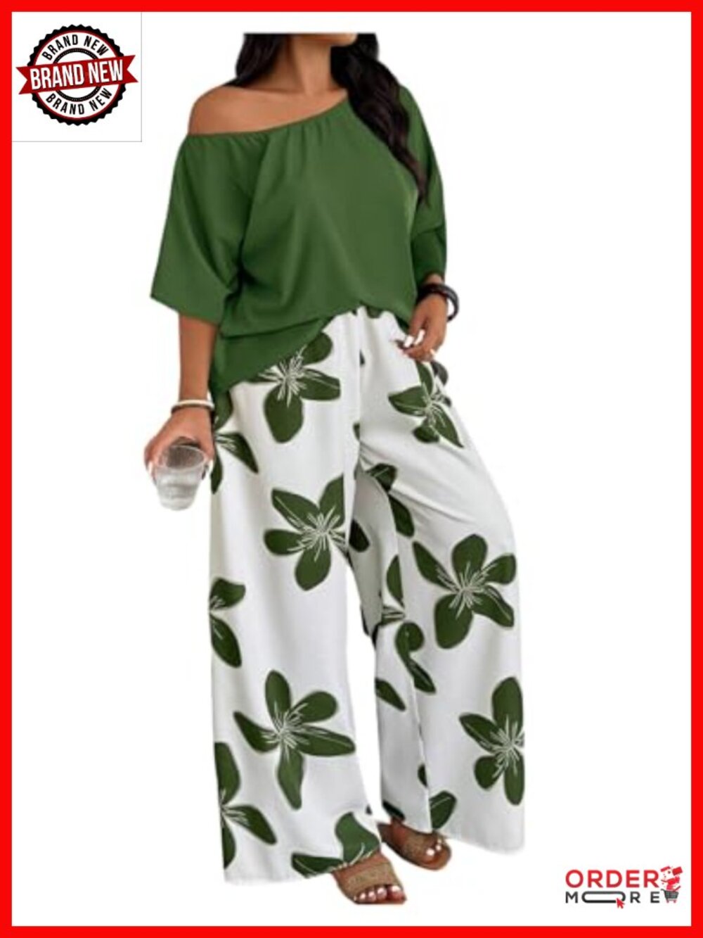 Plus Size 2 Piece Vacation Outfits Off The Shoulder Top and Boho Print Pants Set